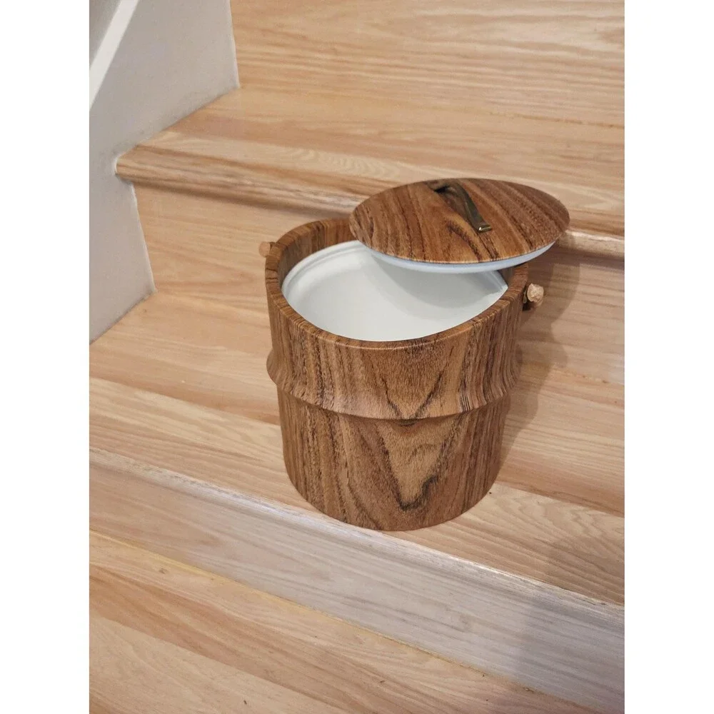 Vintage MCM Kraftware Faux Wood Ice Bucket with Bamboo Handle Made in USA